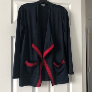 T by Talbots navy blue and red fly away cardigan